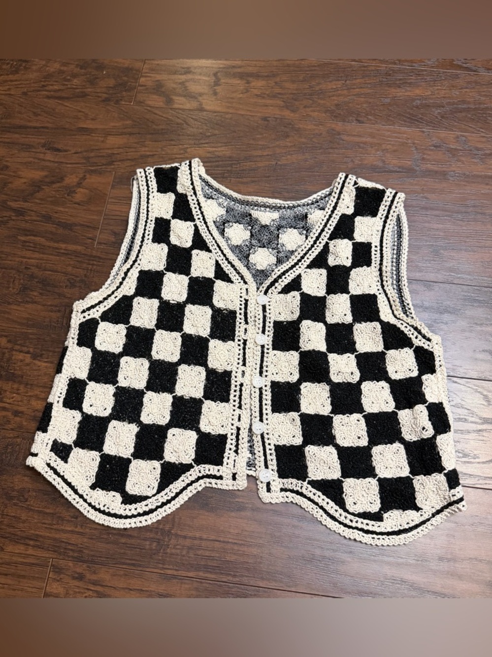 Crochet Checkerboard patterned Vest in Black & Cream